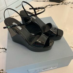 Prada Shiny Black Patent Wedges